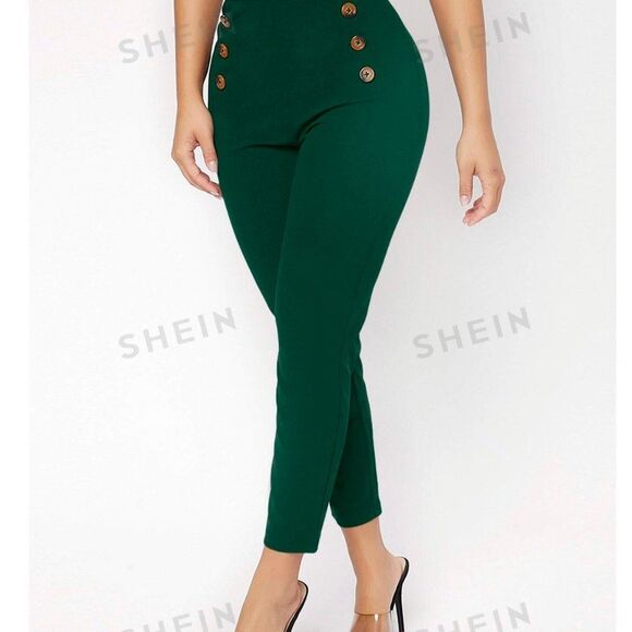 Shein High Waist Double Button Green Skinny Cropped Pants Size S Petite EUC - Picture 1 of 4